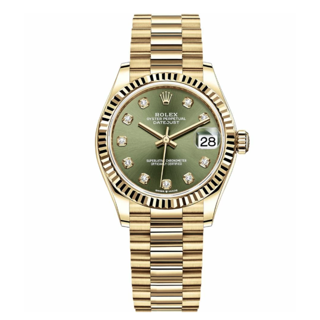 Rolex Datejust 31, 278278, Yellow Gold, Olive Green Diamond Dial, President Bracelet