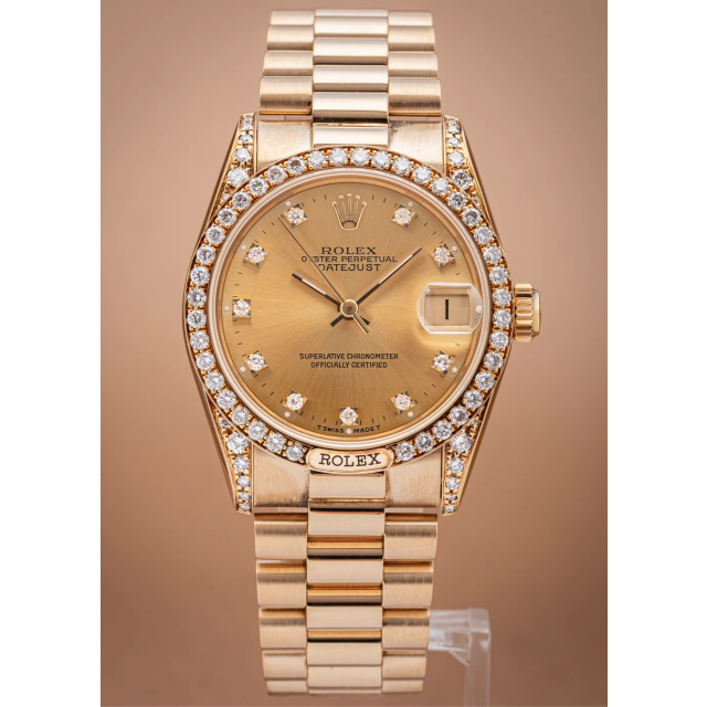 Rolex Datejust 31 68158, President Bracelet, Champagne Diamond Dial, Yellow Gold, Watch and Box, Renewed