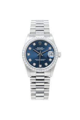 Rolex Datejust 31 68286 Platinum Wristwatch, President Bracelet, Blue Diamond Dial, Diamond Bezel