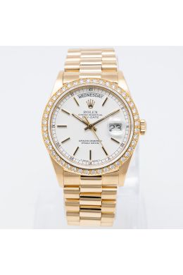 Rolex Day-Date 36 18048 Wristwatch, White Dial, President Bracelet, Diamond Bezel