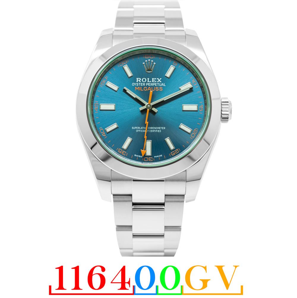 Rolex Milgauss gallery shot with the reference number color coded