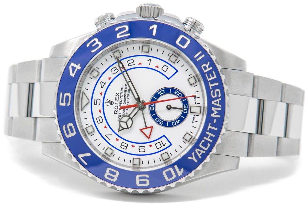 A Rolex Yacht-Master 116622 in Steel & Platinum with a Blue Dial laying on its side