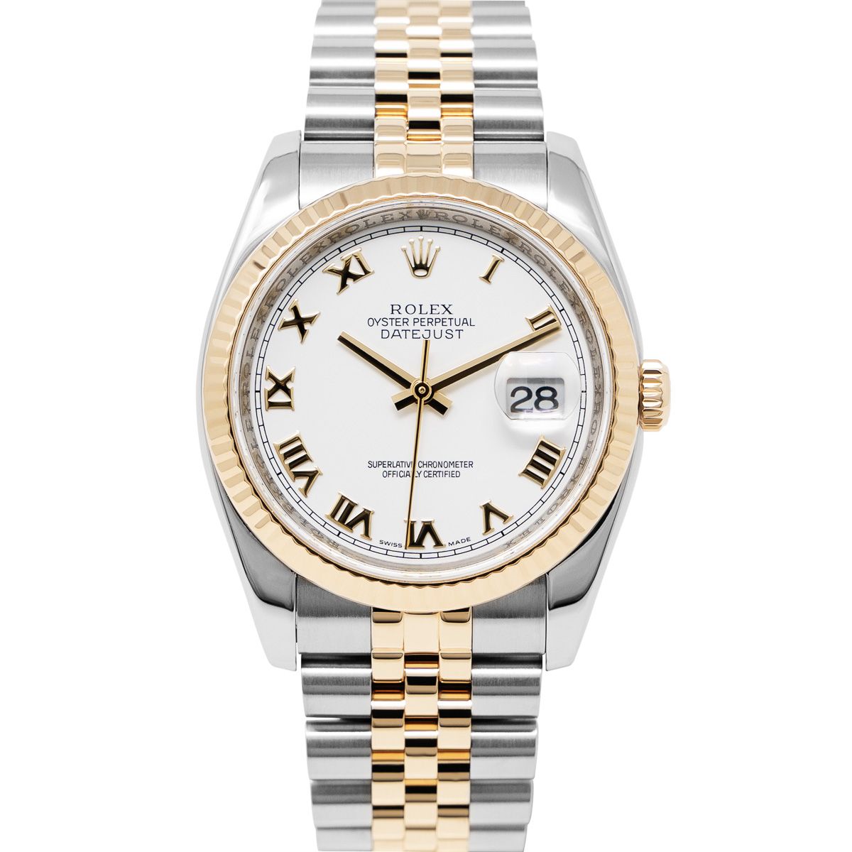 Rolex Datejust 36 116233 Wristwatch, White Roman Dial, Jubilee Bracelet A gallery shot of the Rolex Datejust 116233 Wristwatch with a white Roman dial and Jubilee bracelet
