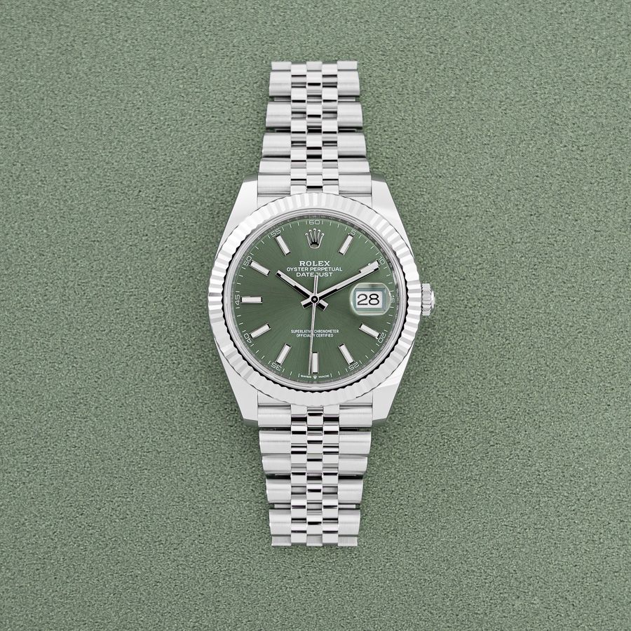 Rolex Datejust 41 126334 in Steel & 18k White Gold with a Mint Green Dial A Rolex Datejust 41 126334 in Steel & 18k White Gold with a Mint Green Dial on a mint green backdrop