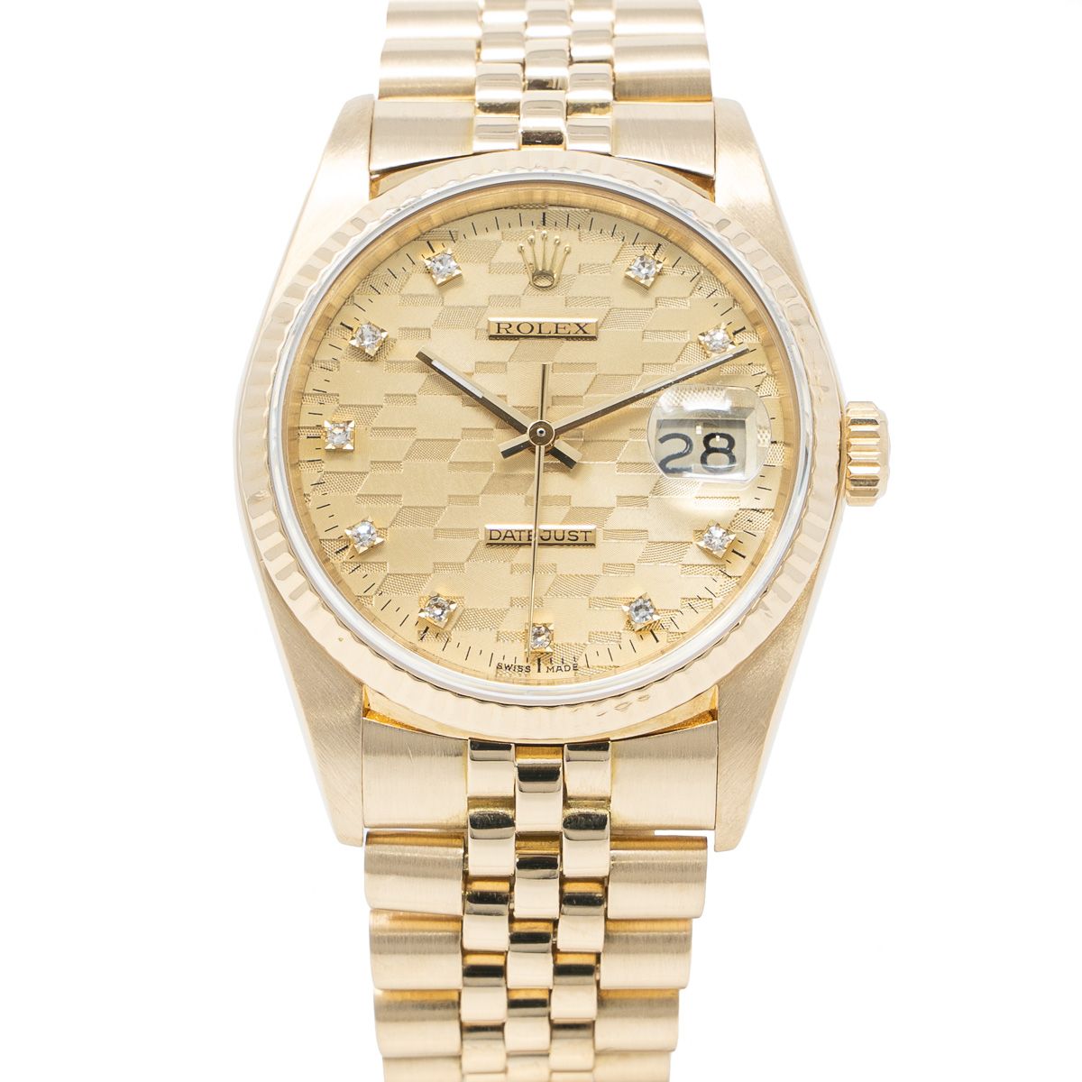 Rolex Datejust 16018 Wristwatch, Chevrolet Jubilee Arabic Dial, Jubilee Bracelet A gallery shot of the yellow gold Rolex Datejust 16018 Wristwatch with a Chevrolet Jubilee Diamond dial and Jubilee bracelet