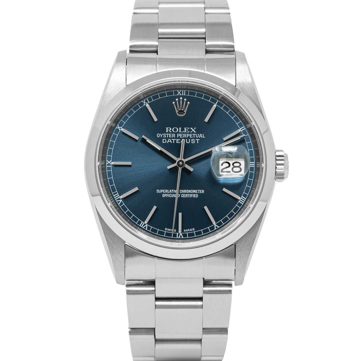 Gallery photo of the Rolex Datejust 16200 with a blue dial and Oyster Bracelet