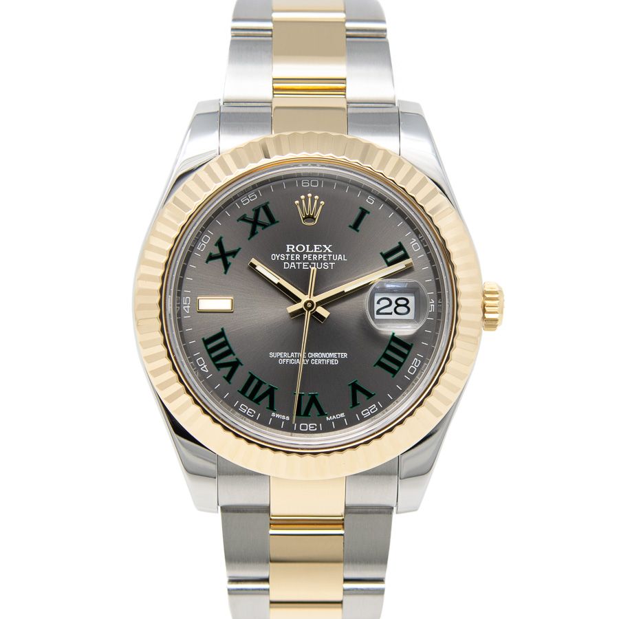 Rolex Datejust II 116333 in Steel & 18k Gold with a Slate Roman "Wimbledon" Dial A gallery shot of the Rolex Datejust II 116333 in Steel & 18k Gold with a Slate Roman "Wimbledon" Dial