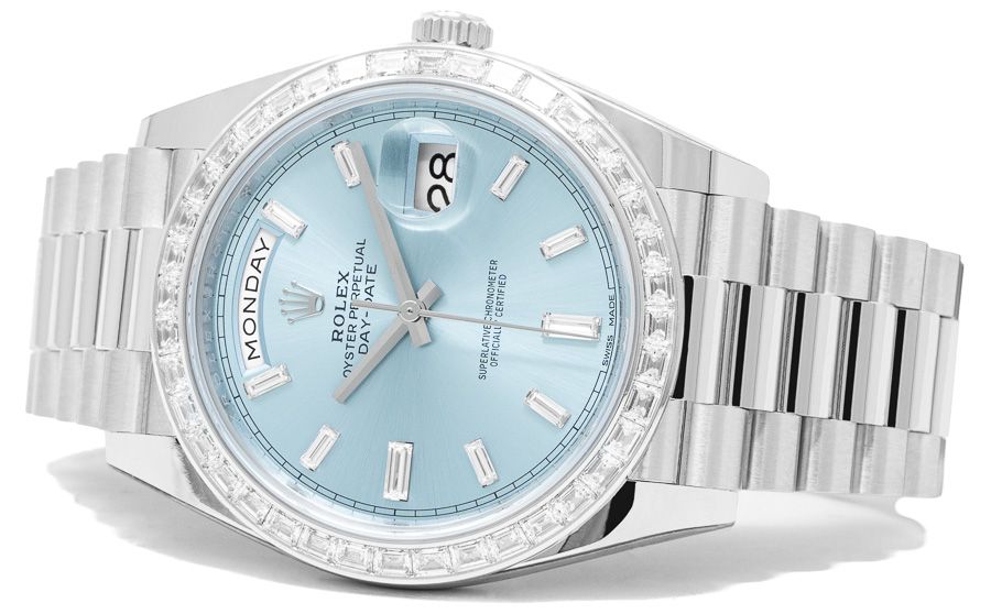 Rolex Day-Date 40 228396TBR in Platinum with an Ice Blue Diamond Dial A side shot of the Rolex Day-Date 40 228396TBR in Platinum with an Ice Blue Diamond Dial