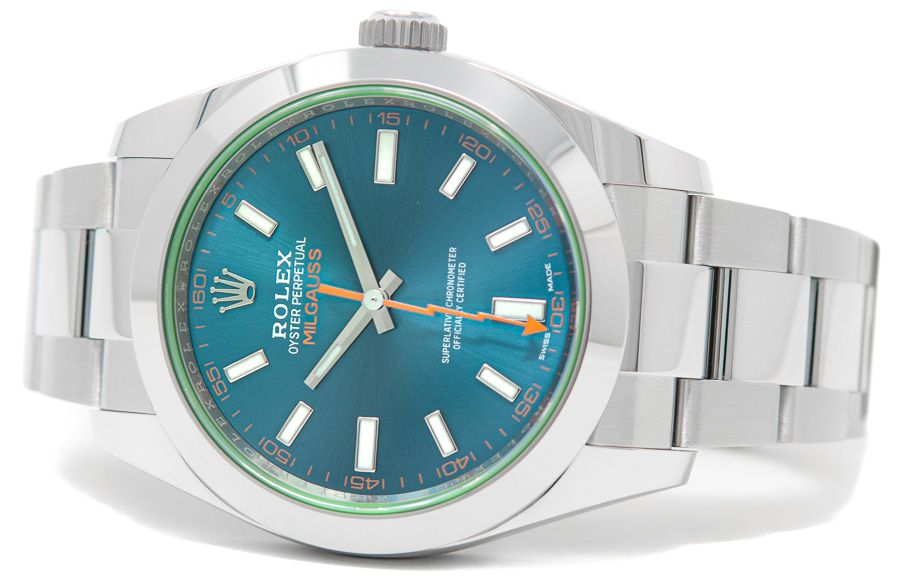 A side shot of the Rolex Milgauss 116400GV with the Z-Blue Dial & Green Crystal