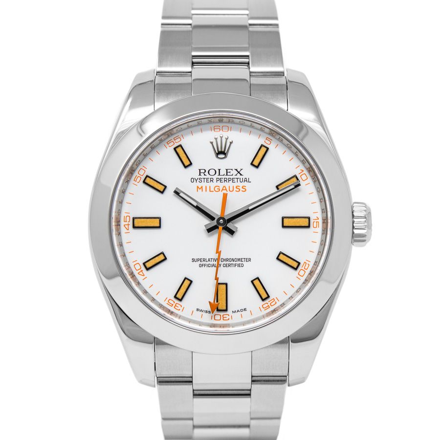 A gallery shot of the Rolex Milgauss 116400 with the White Dial