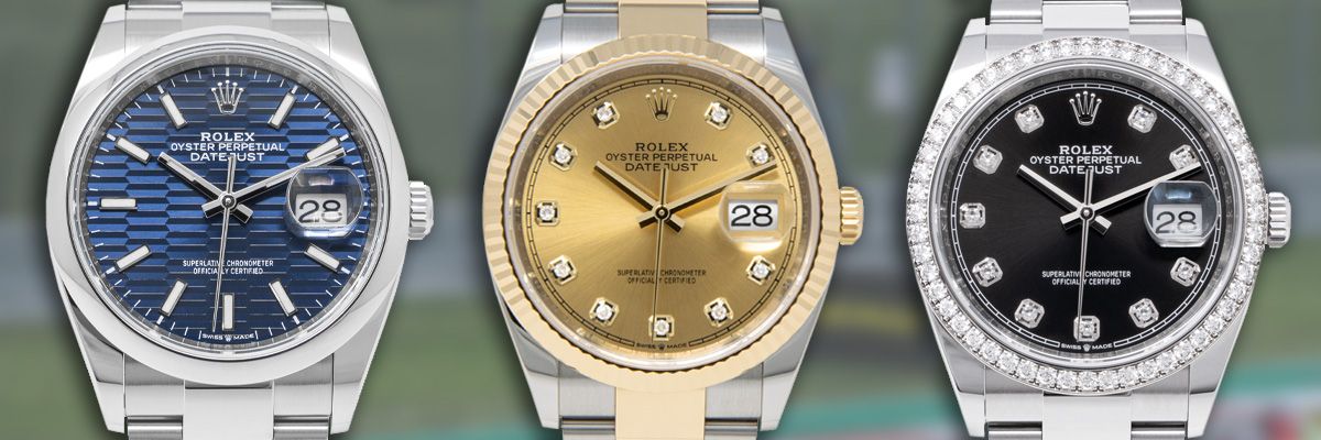 Rolex Datejust 36 126200 Wristwatch, Blue Fluted Motif Dial | Rolex Datejust 36 126233 Wristwatch, Champagne Diamond Dial | Rolex Datejust 36 126284RBR Wristwatch, Bright Black Diamond Dial Rolex Datejust 36 126200 with the Blue Fluted Motif dial, the Rolex Datejust 36 126233 Wristwatch with the Champagne Diamond dial, and the Rolex Datejust 36 126284RBR with the Bright Black Diamond dial standing next to each other