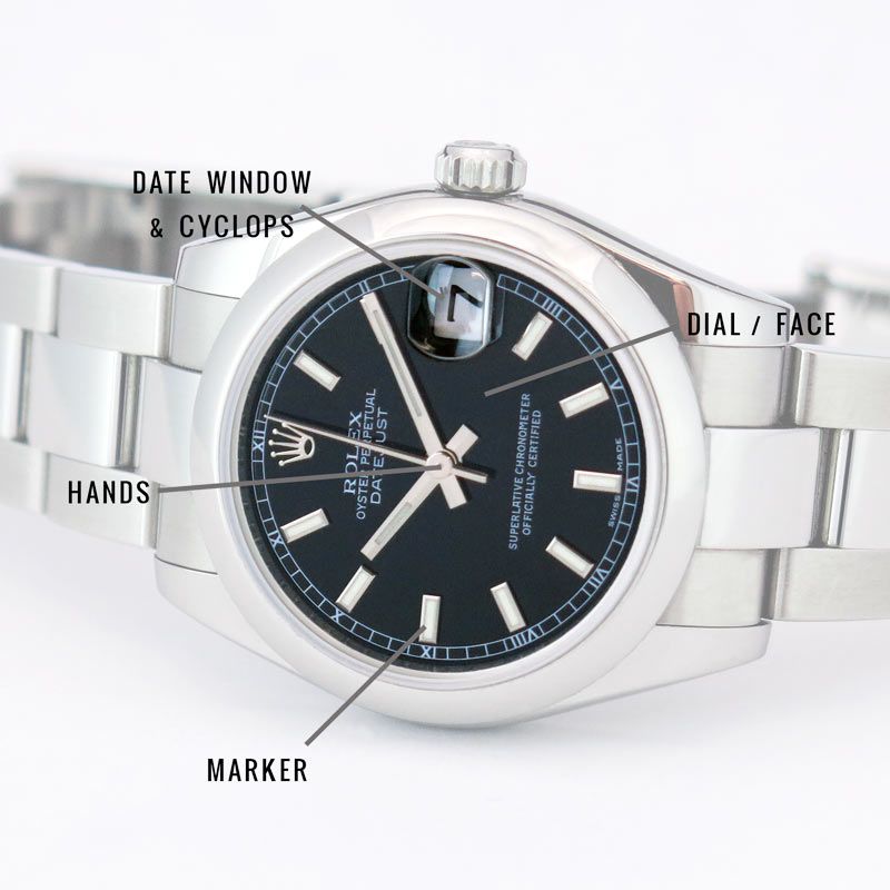 The dial, hands, cyclops, and markers of the Rolex Datejust 31 178240 Showing the dial, hands, cyclops, and markers of the Rolex Datejust 31 178240