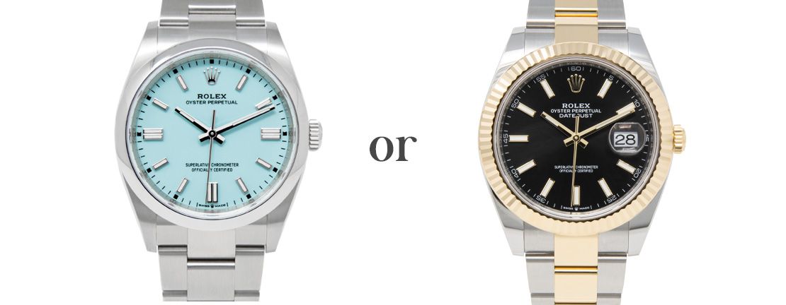 Rolex Oyster Perpetual 36 126000 Wristwatch, Turquoise Dial & Rolex Datejust 36 126233 Wristwatch, Bright Black Dial Rolex Oyster Perpetual 36 126000 with the Turquoise dial next to the Rolex Datejust 36 126233 with the Bright Black dial