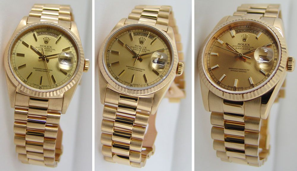 Showing the differences between three yellow gold Rolex Day-Dates, the 18038, 18238, & 118238