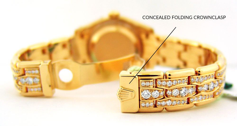 Rolex Lady-Datejust Pearlmaster 80298 showing the concealed folding crownclasp The Rolex Lady-Datejust Pearlmaster 80298 showing the concealed folding crownclasp
