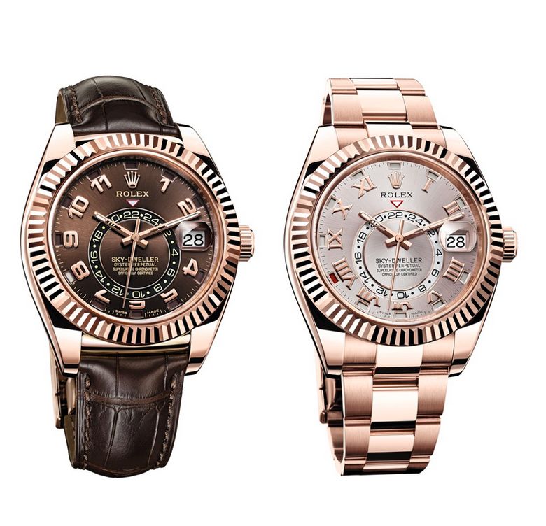 2 Rolex Sky-Dwellers in Rose Gold on a white background