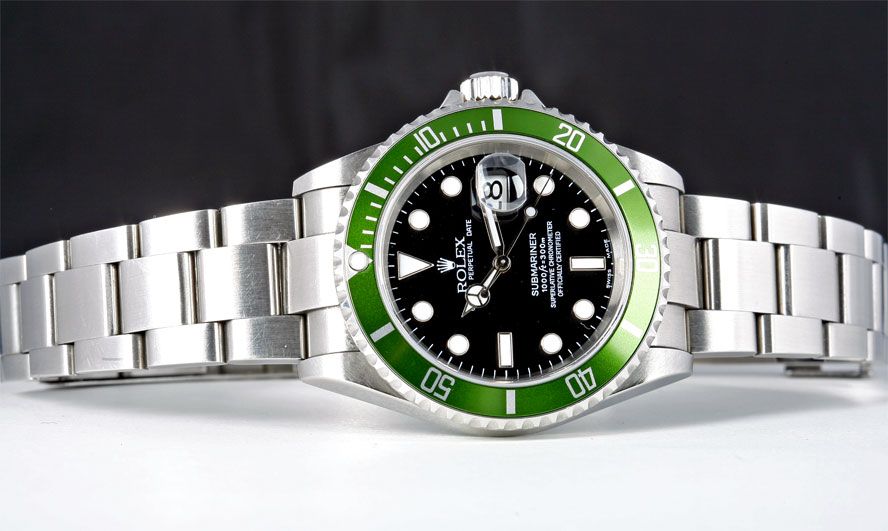 Men's Rolex Submariner Stainless Steel with Green Bezel and Flip Lock Clasp
