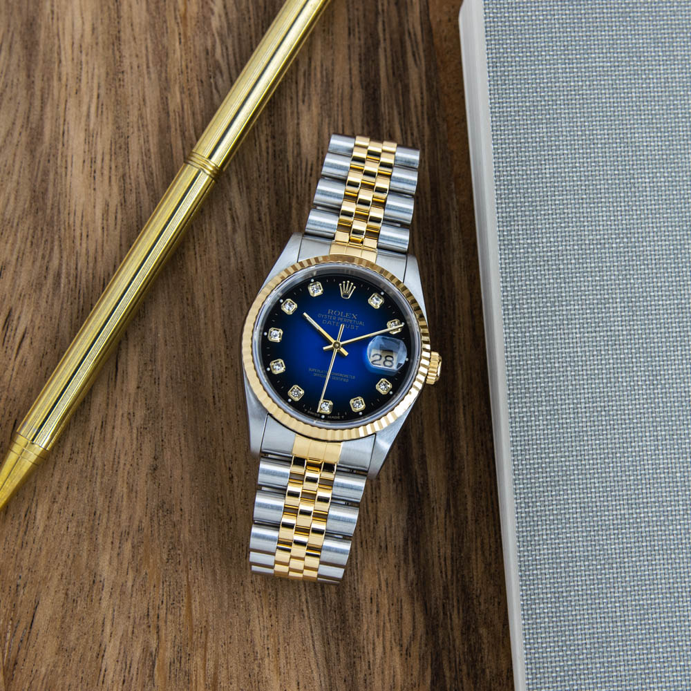 rolex datejust blue face diamonds