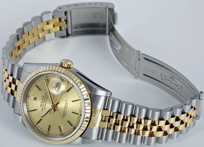 Men's Rolex Datejust Two-Tone with Champagne Dial shown with open clasp Men's Rolex Datejust Two-Tone with Champagne Dial shown with open clasp